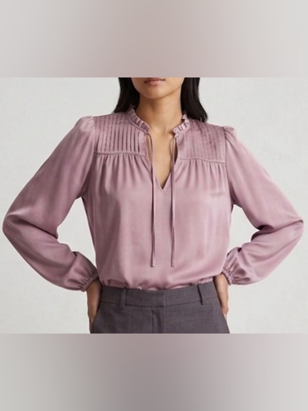 Dusty Rose Pintuck Tie-Neck Top